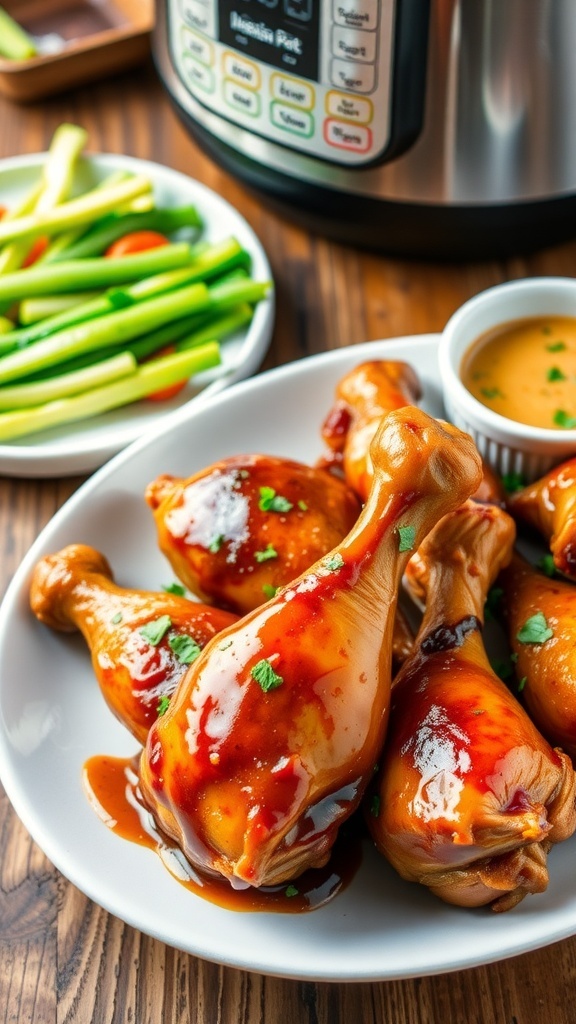 Juicy chicken drumsticks from the Instant Pot, garnished with herbs, served with vegetables on a rustic table.